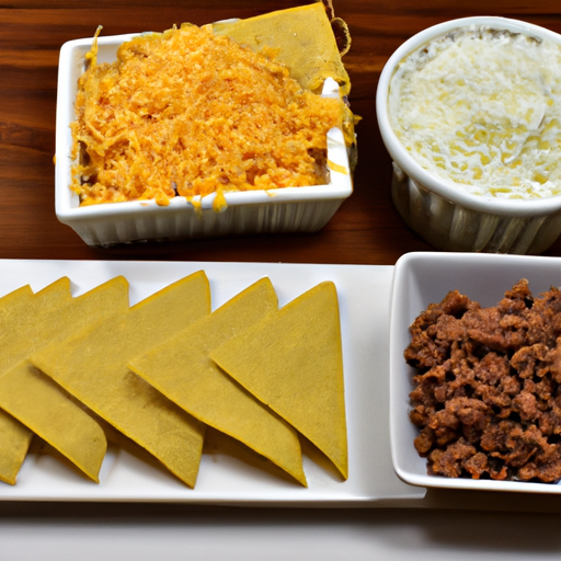 Fresh ingredients for making cheesy tacos including ground beef, shredded cheese, and taco shells