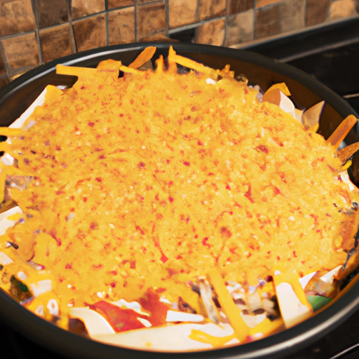 A Dutch oven filled with layers of tortilla chips, cheese, and toppings ready to be baked